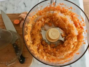 Onion, carrots and celery finely chopped in a food processor