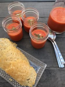 frico and tomato gazpacho in jars