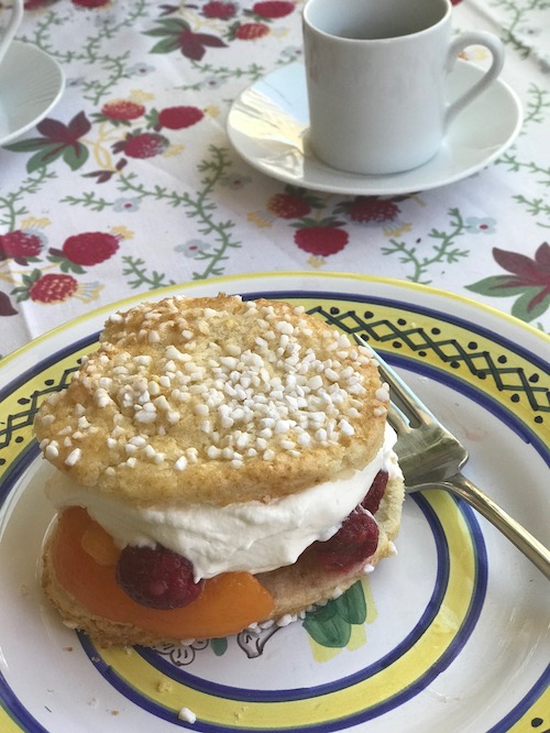 raspberry and peach shortcake on a serving plate