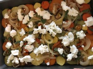 vegetables with thyme and goat cheese sprinkled on top