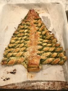 pesto christmas tree on a baking sheet