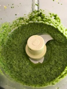 finished pesto in the food processor