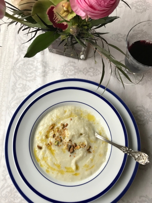 celery root and fennel soup in a serving bowl