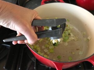sauteing the leeks and garlic