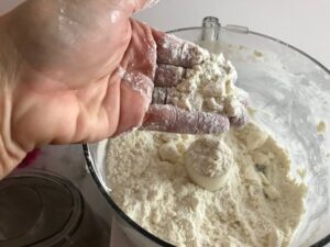 food processor with butter and flour in it